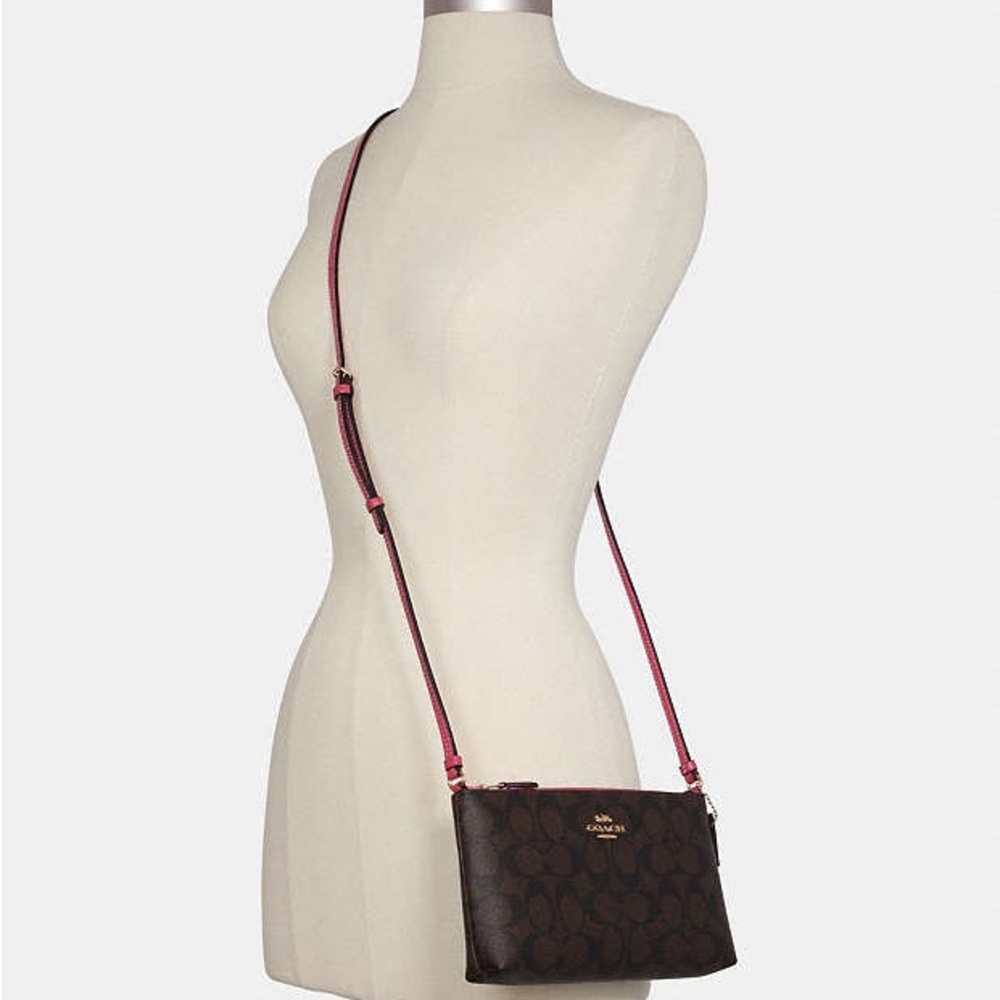 Coach Zip‎ Top Crossbody In Brown Leather Signature Canvas Crossbody mini Bag